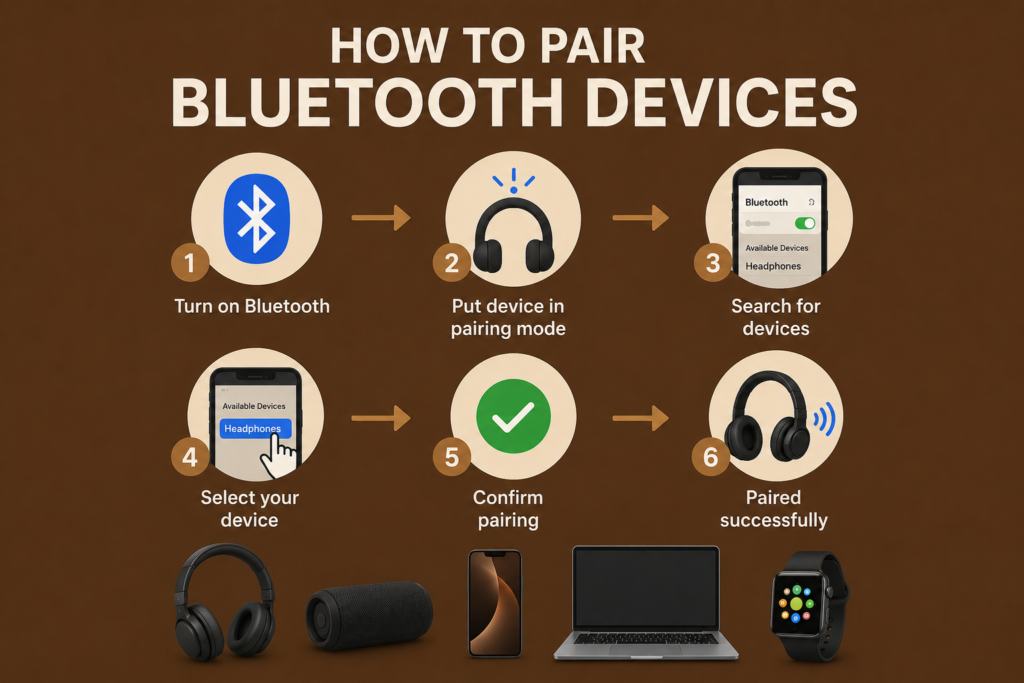 How to Pair Bluetooth Devices: A Step by Step Guide for All Devices Ultimate How to pair bluetooth devices infographic showing Bluetooth pairing steps, headphones, smartphones, laptop, and wireless connection process on brown background