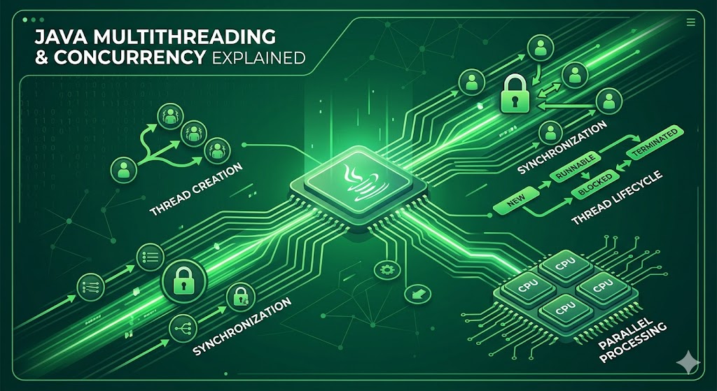 A stylized green circuit board graphic displaying the text Java Multithreading and Concurrency Explained as a cover banner for a Java multithreading tutorial.