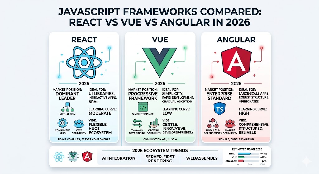 An infographic titled "JavaScript Frameworks Compared: React vs Vue vs Angular in 2026" provides a comprehensive comparison across several key development metrics. The chart is organized into three distinct columns, detailing the market position, learning curve, ideal use cases, and general vibe for each framework as of 2026. Data highlights React as the dominant leader with a flexible ecosystem, Vue as a progressive framework offering low complexity, and Angular as the structured, enterprise standard. Below the detailed React vs Vue vs Angular comparison, a section on 2026 ecosystem trends covers AI integration, server-first rendering, and WebAssembly. A final estimated usage chart visualizes market share, with React maintaining a strong lead over Vue and Angular.