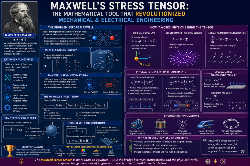 Maxwell's Stress Tensor: The Mathematical Tool That Revolutionized Mechanical & Electrical Engineering Powerful Revolution Maxwell stress tensor educational infographic in a dual navy blue and purple color theme featuring James Clerk Maxwell, tensor equations, Lorentz force law, electromagnetic force density, linear momentum conservation, electrostatic pressure, magnetic pressure, engineering applications, electric motors, transformers, antennas, maglev systems, particle accelerators, and the mathematical foundations of electromagnetic force analysis in modern engineering.