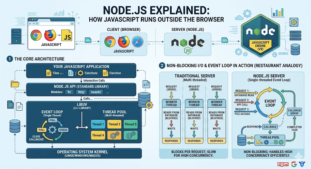 An educational infographic titled "Node.js Explained: How JavaScript Runs Outside the Browser" provides a comprehensive answer to what is Node.js. The visual breaks down the core architecture, highlighting the integration of the V8 JavaScript Engine and the Libuv library for handling system operations. It uses a "Restaurant Analogy" to compare a traditional multi-threaded server, which blocks per request, against the efficient, single-threaded Node.js Event Loop. Detailed flowcharts illustrate how asynchronous tasks like database reads and API calls are managed via a callback queue and thread pool. This layout effectively demonstrates how Node.js enables high concurrency and non-blocking I/O for modern web development.