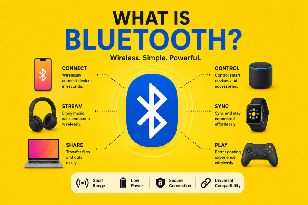 What is bluetooth beginner guide infographic showing Bluetooth icon, wireless devices, smartphones, headphones, and smart gadgets on yellow background