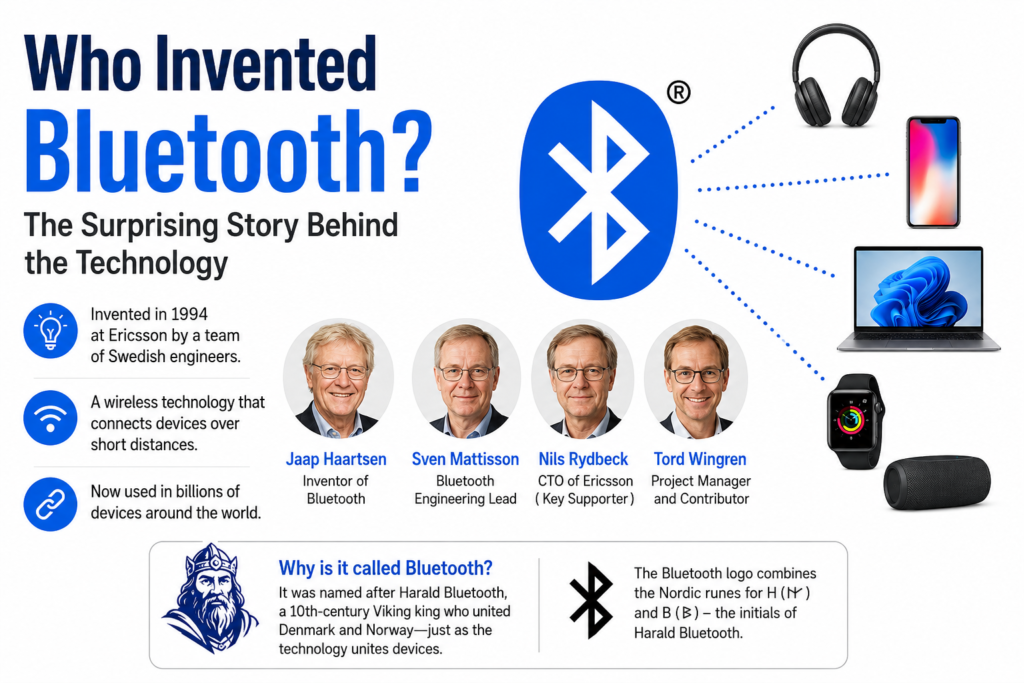 Who invented bluetooth infographic showing Jaap Haartsen, Sven Mattisson, Ericsson engineers, Bluetooth logo, and wireless devices on white background