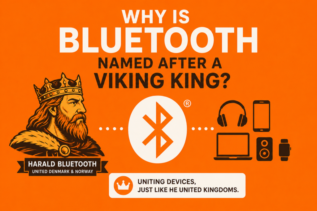 Why is bluetooth named after a viking king infographic showing Harald Bluetooth, Bluetooth logo, and wireless devices on orange background