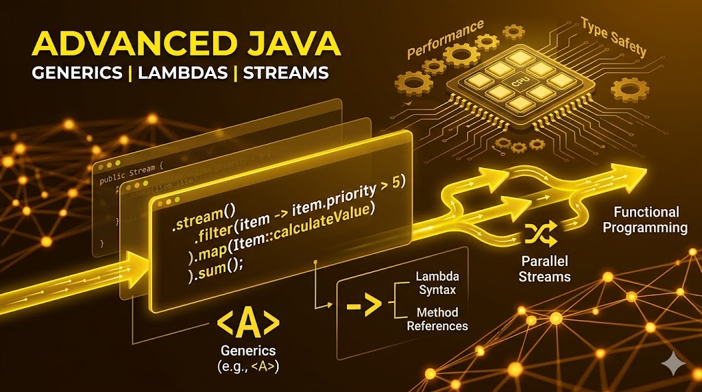 Advanced Java: Generics, Lambda Expressions & Streams API Explained: A Phenomenal Masterclass An advanced Java programming tutorials graphic in a dark yellow theme showing a code pipeline interface, functional programming arrows, and generic type syntax.