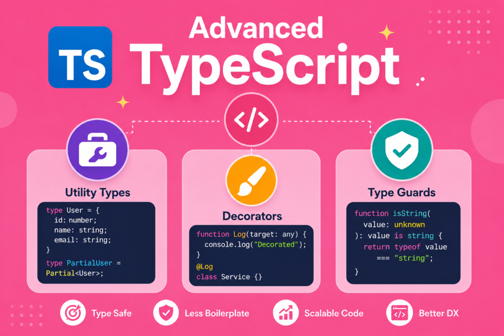 A modern pink background infographic explaining advanced typescript types with clean visuals and minimal text. The image highlights utility types, decorators, and type guards using simple code examples and icons. Bright design elements represent scalable coding, type safety, and reusable programming patterns. Structured sections showcase advanced TypeScript concepts in a beginner friendly and modern style. This design clearly represents advanced typescript types for developers learning advanced TypeScript features.