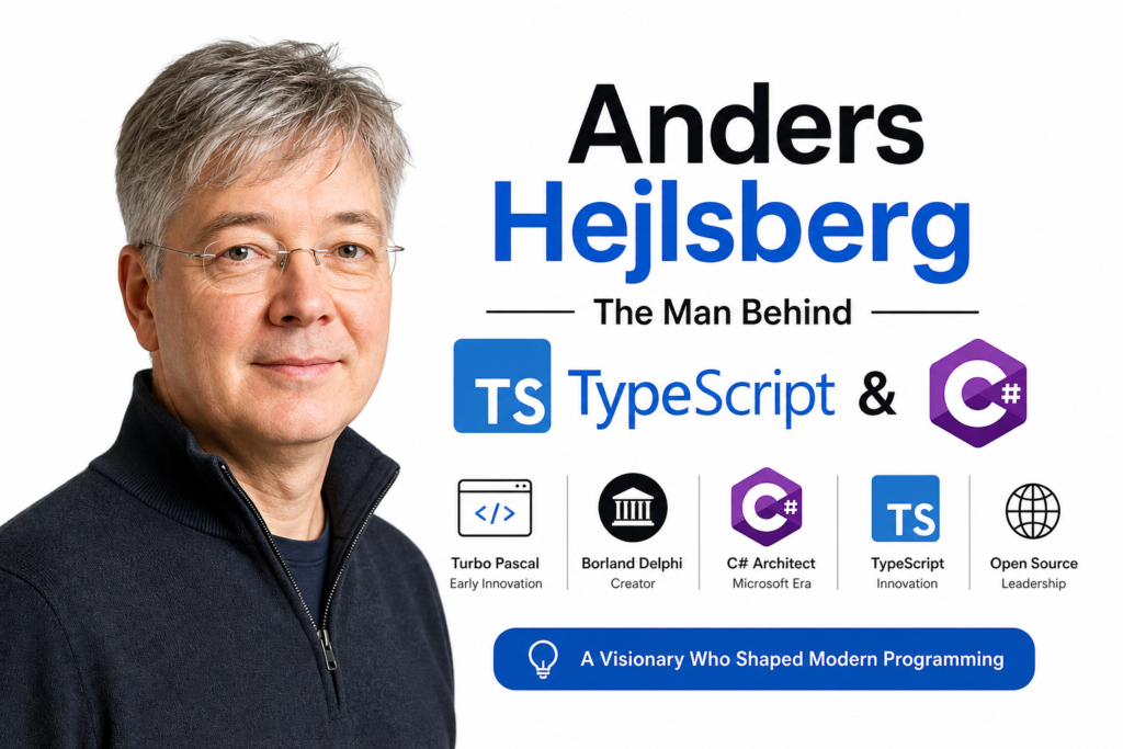 A clean white background image featuring anders hejlsberg typescript pioneer with a professional portrait on the left. The design highlights his role as the creator of TypeScript and C# with modern tech icons. Bold typography emphasizes his name and contributions to programming language design. Visual elements represent Turbo Pascal, Delphi, and open source leadership. The layout reflects innovation, developer productivity, and modern software engineering. This image perfectly captures the legacy of anders hejlsberg typescript in the tech world.