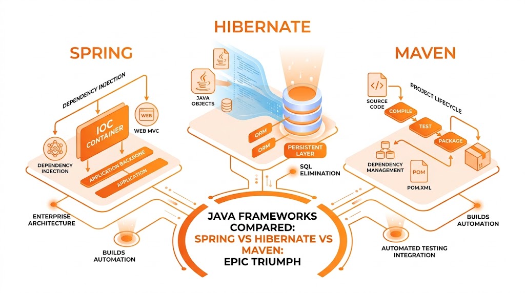 Java Frameworks Compared: Spring vs Hibernate vs Maven: Epic Triumph An architectural software diagram from a best java frameworks compared guide showing the integrated relationships between Spring's IoC container, Hibernate's persistent layer mapping, and Maven's pom.xml build lifecycle in a high-contrast orange theme.