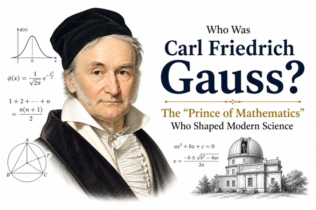 A clean white-background poster featuring a detailed portrait of Carl Friedrich Gauss, highlighting his legacy as a pioneering mathematician. The image includes elegant mathematical formulas and diagrams symbolizing his contributions to science. The title emphasizes Carl Friedrich Gauss as the “Prince of Mathematics” who shaped modern scientific thinking. Subtle design elements reflect his work in algebra, astronomy, and statistics. The composition blends classical portrait style with modern educational visuals. This image visually represents the brilliance and impact of Carl Friedrich Gauss in mathematics.
