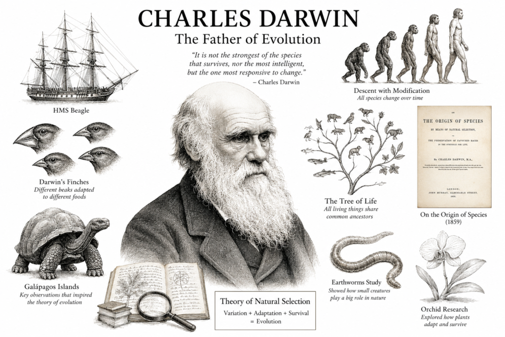 charles darwin portrait with HMS Beagle, Galápagos finches, evolution sketches, and natural selection concepts on a clean white background