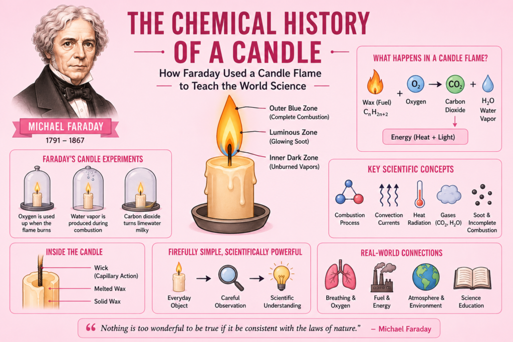 The Chemical History of a Candle: How Faraday Used a Candle Flame to Teach the World Science Amazing Breakthrough A simple pink themed educational infographic illustrating the chemical history of a candle with a portrait of Michael Faraday and a glowing candle flame at the center. The image includes minimal scientific diagrams showing combustion, oxygen consumption, carbon dioxide, water vapor, and candle flame structure. Simple visuals explain capillary action, heat radiation, convection currents, and the chemistry of fire using clean icons and labels. This attractive scientific artwork highlights how the chemical history of a candle became one of the greatest science education lectures in history.