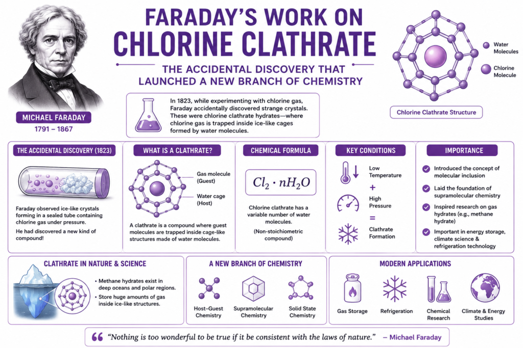 A simple purple themed infographic on a clean white background explaining the chlorine clathrate discovery by Michael Faraday in 1823. The image features crystal cage structures, trapped chlorine molecules, sealed tube experiments, and basic chemistry visuals related to gas hydrates and molecular inclusion. Minimal educational sections highlight water molecule cages, clathrate formation conditions, and the scientific importance of chlorine hydrate research. This clean scientific artwork shows how the chlorine clathrate discovery launched new branches of supramolecular chemistry, gas storage science, and modern materials research.