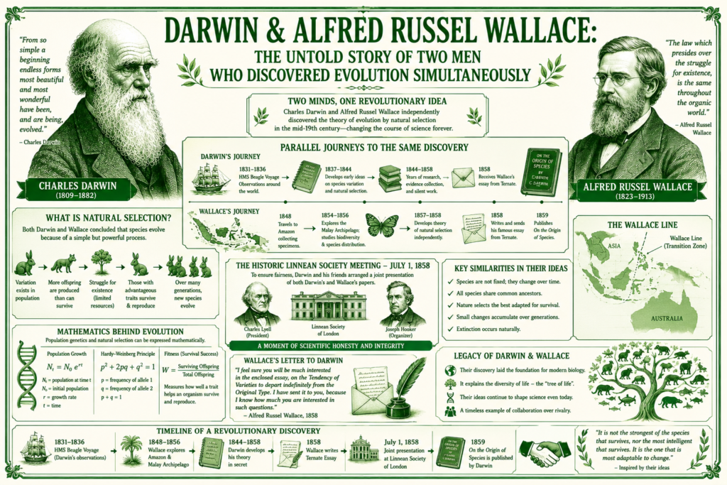 darwin and wallace infographic showing Charles Darwin, Alfred Russel Wallace, evolution discovery, natural selection, and scientific collaboration on a green background