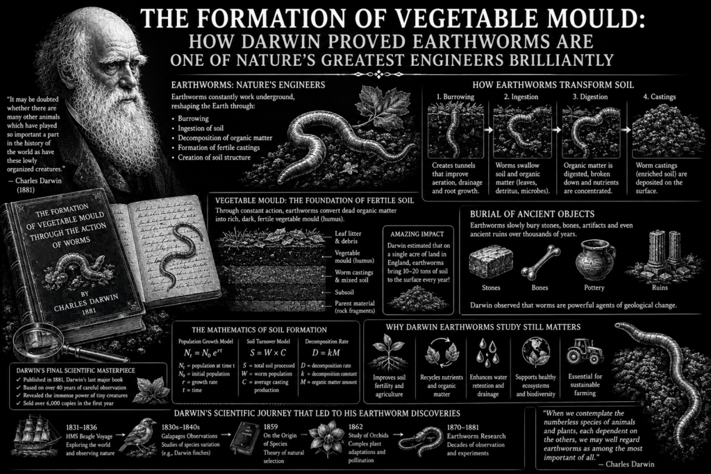 darwin earthworms study illustration showing Charles Darwin, earthworms improving soil, underground burrowing, fertile vegetable mould, and ecosystem engineering on a white background