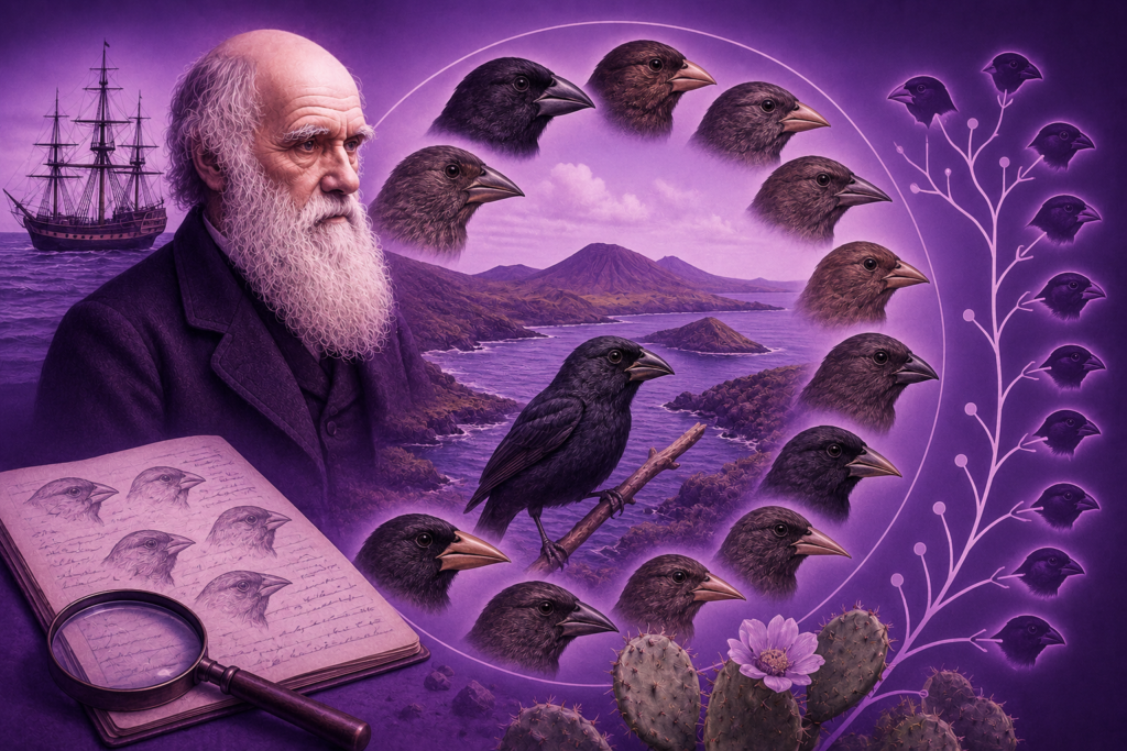 darwin finches illustration showing Charles Darwin, Galápagos birds with different beak shapes, and evolutionary adaptation on a purple background