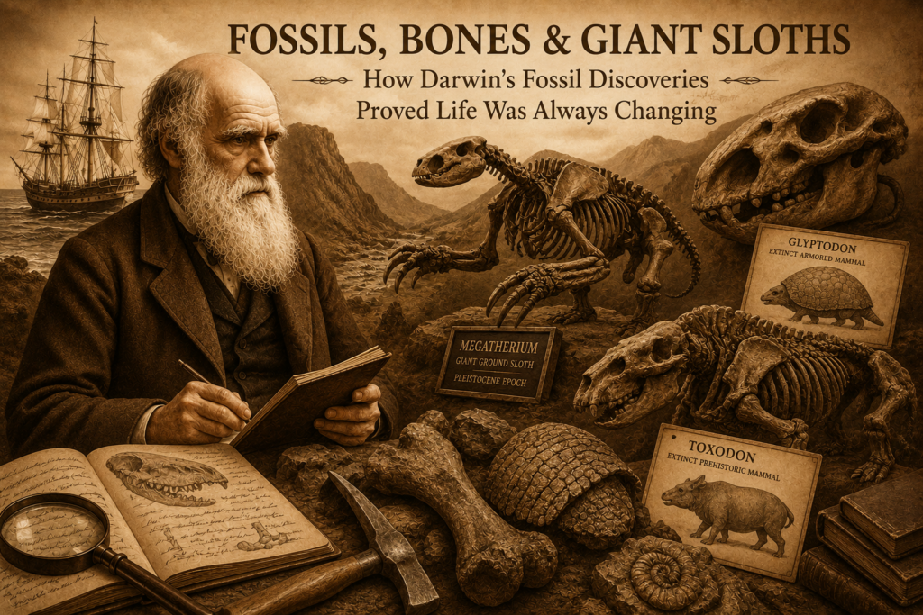 Fossils, Bones & Giant Sloths: How Darwin's Fossil Discoveries Proved Life Was Always Changing Brilliantly darwin fossil discoveries illustration showing giant sloth fossils, ancient bones, Charles Darwin, and prehistoric mammals on a brown background