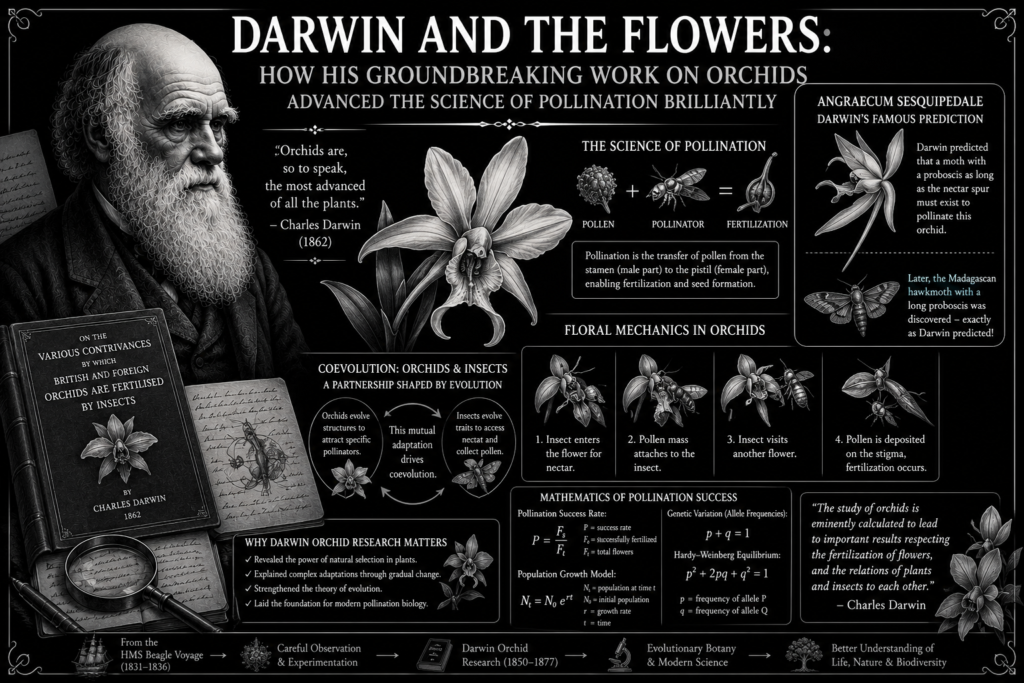 darwin orchid research illustration showing Charles Darwin, black orchids, pollinating moths, floral adaptation, and pollination science on a black background
