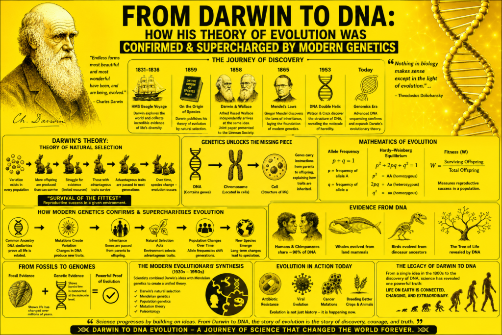 From Darwin to DNA: How His Theory of Evolution Was Confirmed & Supercharged by Modern Genetics Brilliantly darwin to dna evolution infographic showing Charles Darwin, DNA double helix, genetics, natural selection, and modern evolutionary science on a yellow background