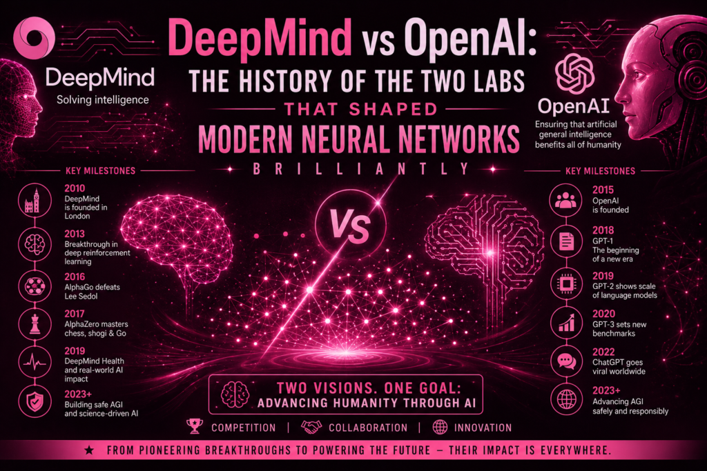 deepmind vs openai pink AI comparison illustration showing the history of DeepMind and OpenAI with neural networks, machine learning breakthroughs, and futuristic artificial intelligence concepts
