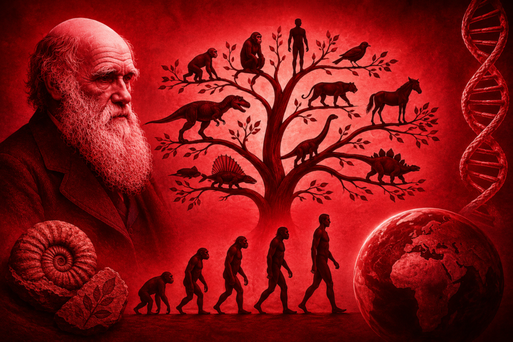 descent with modification illustration showing Charles Darwin, evolutionary tree, DNA, fossils, and species evolution on a red background