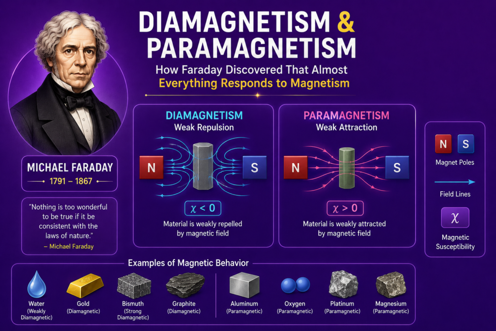 A simple purple themed infographic illustrating diamagnetism and paramagnetism with a portrait of Michael Faraday, magnetic field diagrams, and clean scientific visuals showing magnetic attraction and magnetic repulsion. The image includes simple illustrations of diamagnetic and paramagnetic materials reacting differently inside magnetic fields, along with electron motion and magnetic moment symbols. Minimal educational elements highlight magnetic properties of matter, weak magnetism, and material science concepts in an easy-to-understand layout. This modern scientific artwork explains how diamagnetism and paramagnetism revealed that almost all matter responds to magnetism.