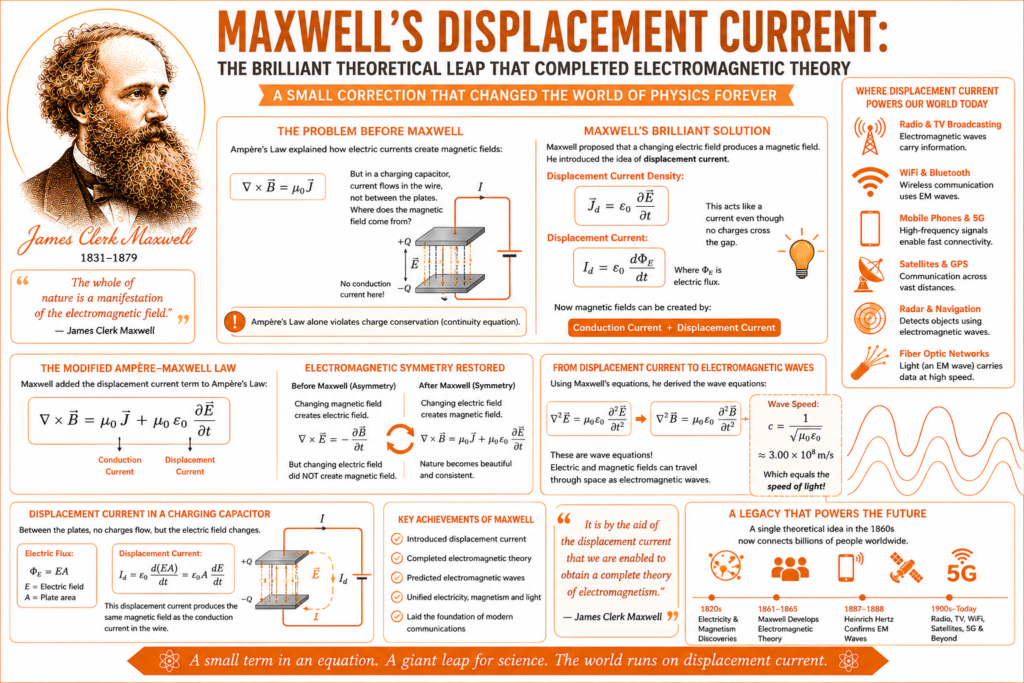 displacement current educational infographic in an orange theme featuring James Clerk Maxwell, Ampère Maxwell law, capacitor charging diagrams, electric flux, electromagnetic wave generation, mathematical equations, and modern applications such as WiFi, radio, GPS, satellites, fiber optics, and 5G communication.