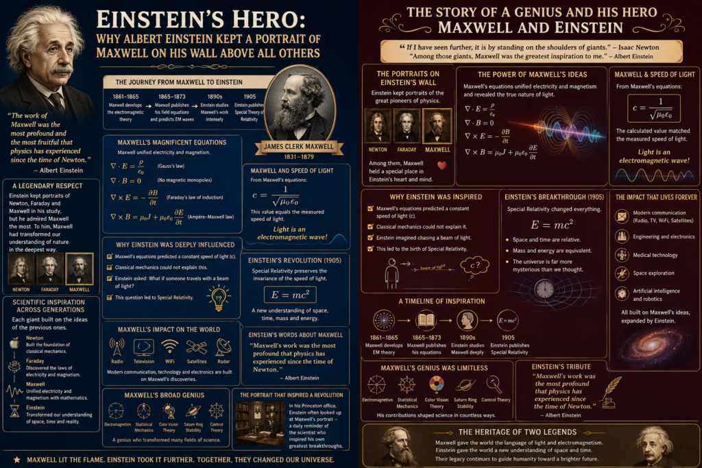 Einstein's Hero: Why Albert Einstein Kept a Portrait of Maxwell on His Wall Above All Others Inspiring Legacy einstein hero maxwell educational infographic in a dual navy blue and burgundy color theme featuring Albert Einstein and James Clerk Maxwell, Maxwell's equations, the speed of light formula, the journey from Maxwell to Einstein, scientific inspiration, special relativity, portraits of Newton, Faraday, and Maxwell, electromagnetic theory, and the profound influence Maxwell had on Einstein's understanding of physics and the universe.