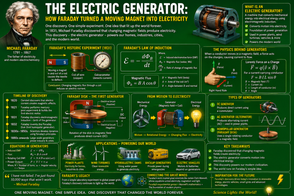 A detailed green background infographic explaining the electric generator discovery through Michael Faraday’s 1831 experiments with moving magnets and copper coils. The image includes Faraday’s law of induction equations, magnetic flux diagrams, rotating generators, and power plant illustrations showing how mechanical energy converts into electricity. Scientific visuals demonstrate the Faraday disk, electromagnetic induction, turbine power, and alternating current generation used in modern electrical systems. This educational artwork highlights how the electric generator discovery became the foundation of power grids, renewable energy, and modern civilization.