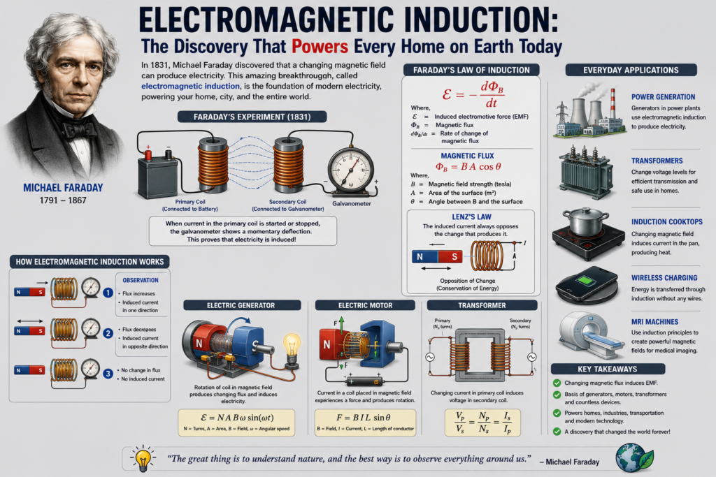 A detailed grey background illustration showing electromagnetic induction through Michael Faraday’s famous experiments with magnets, copper wire coils, and electric generators. The image includes magnetic flux diagrams, induced current flow, and scientific equations related to Faraday’s law of induction. Rotating coils, electromagnetic fields, and power generation systems visually explain how electromagnetic induction powers modern homes and industries. The artwork highlights the physics of electricity, energy conversion, and the discovery that transformed modern technology forever.