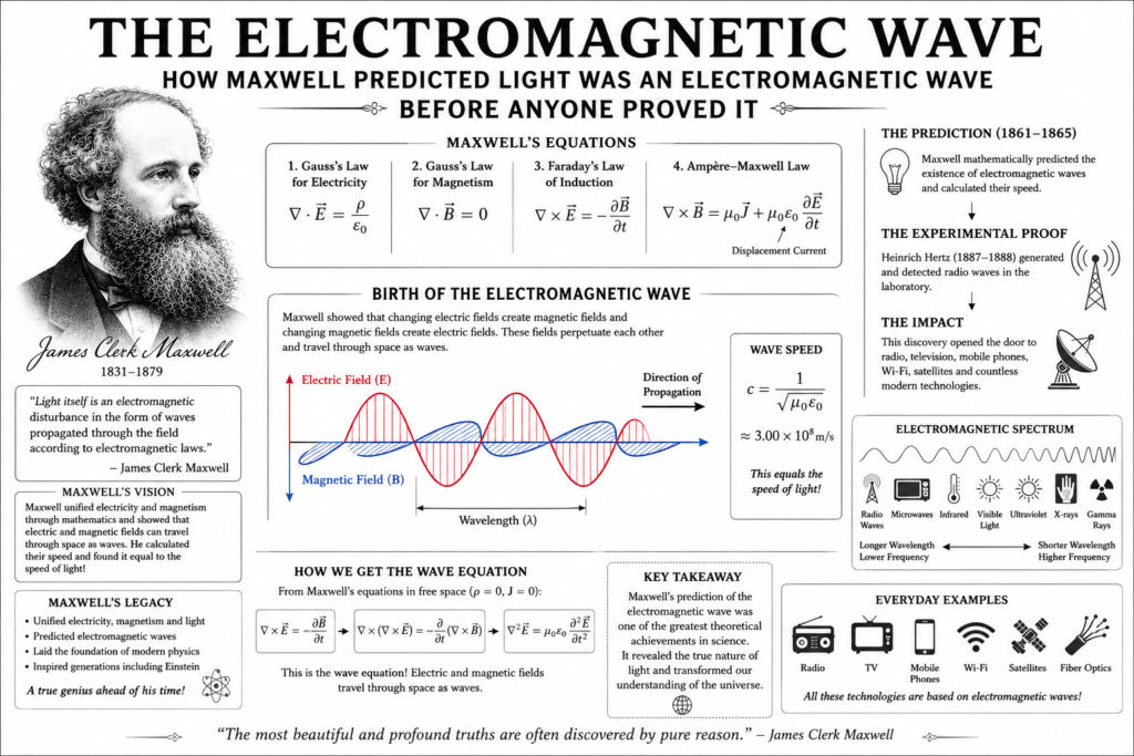electromagnetic wave educational infographic on a white background featuring James Clerk Maxwell, Maxwell's equations, electric and magnetic field oscillations, wave propagation, the electromagnetic spectrum, and modern technologies such as radio, WiFi, satellites, mobile phones, and fiber optics.