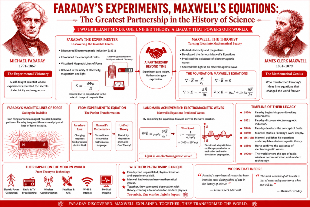 Faraday's Experiments, Maxwell's Equations: The Greatest Partnership in the History of Science Powerful Miracle faraday and maxwell educational infographic in a red theme featuring Michael Faraday's experiments, James Clerk Maxwell's equations, magnetic lines of force, electromagnetic induction, field theory, electromagnetic waves, and the scientific partnership that united electricity, magnetism, and light into a single revolutionary theory.