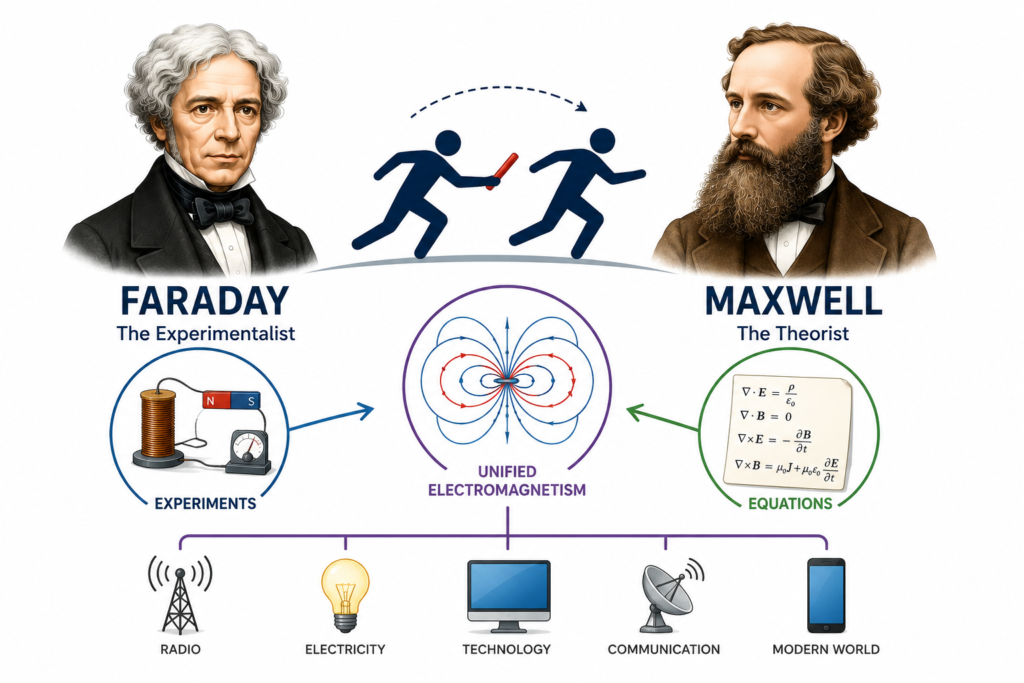 A simple white background infographic illustrating the faraday and maxwell connection with portraits of Michael Faraday and James Clerk Maxwell connected through electromagnetic field diagrams and scientific equations. The image highlights Faraday’s experiments and Maxwell’s mathematical physics work using clean visuals of magnetic field lines, electromagnetic waves, and unified electromagnetism concepts. Minimal educational icons represent electricity, communication technology, radio waves, and modern science inspired by their discoveries. This elegant scientific artwork demonstrates how the faraday and maxwell connection transformed experiments into equations and revolutionized modern physics forever.