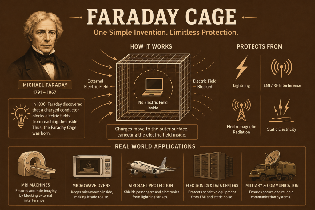 A simple brown themed infographic explaining faraday cage explained with a portrait of Michael Faraday, conductive enclosure diagrams, and basic electromagnetic shielding visuals. The image highlights electric field cancellation, electrostatic shielding, and how Faraday Cages protect electronics from electromagnetic interference and static electricity. Minimal illustrations show practical applications including MRI machines, microwave ovens, aircraft protection, and communication systems. This clean educational artwork demonstrates the scientific principles behind faraday cage explained and its importance in modern technology and safety systems.