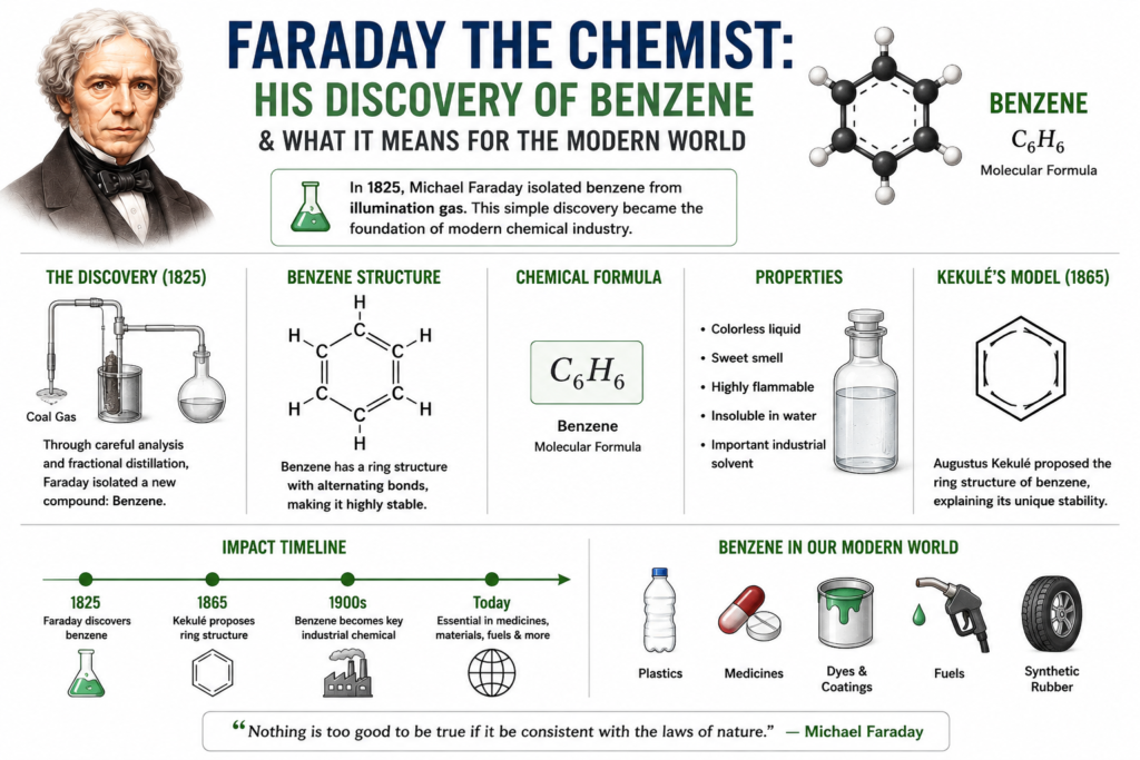 A clean white background infographic illustrating the faraday discovery of benzene with a portrait of Michael Faraday, benzene molecular structure diagrams, and simple chemistry visuals. The image highlights the C₆H₆ formula, carbon ring structure, and Faraday’s 1825 experiment involving coal gas and chemical analysis. Minimal educational sections explain benzene properties, organic chemistry significance, and modern industrial uses such as plastics, medicines, fuels, and synthetic materials. This simple scientific artwork showcases how the faraday discovery of benzene transformed organic chemistry and the modern industrial world.