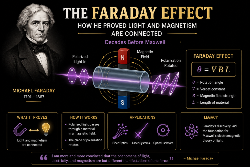 A simple black background infographic illustrating the faraday effect with a portrait of Michael Faraday, polarized light waves, and magnetic field diagrams. The image highlights how magnetic fields rotate polarized light using clean visuals of optical rotation, magneto-optical experiments, and light passing through glass in a magnetic field. Minimal scientific elements include the Faraday Effect equation, photonics symbols, and optical communication applications like fiber optics and laser systems. This elegant educational artwork demonstrates how the faraday effect proved the deep connection between light and magnetism.