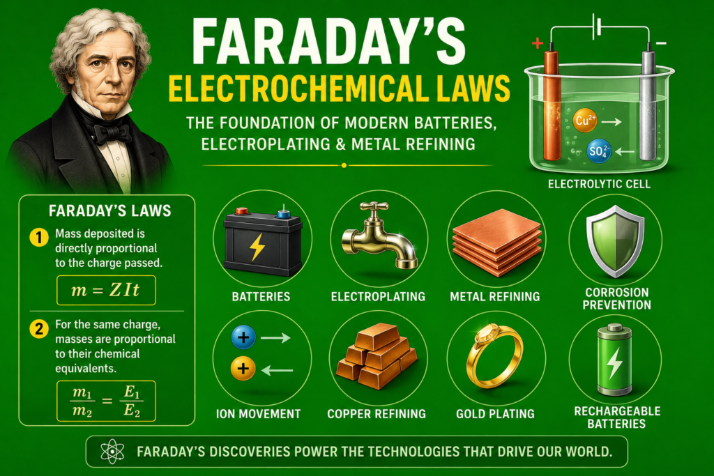 A simple green themed infographic explaining faraday's electrochemical laws with a portrait of Michael Faraday, electrolytic cell diagrams, and clean electrochemistry visuals. The image highlights battery technology, electroplating, metal refining, ion movement, and corrosion prevention using minimal scientific illustrations and equations. Simple icons represent rechargeable batteries, copper refining, gold plating, and industrial electrochemistry applications. This educational artwork demonstrates how faraday's electrochemical laws became the scientific foundation for modern batteries, electroplating industries, and advanced metal processing technologies.