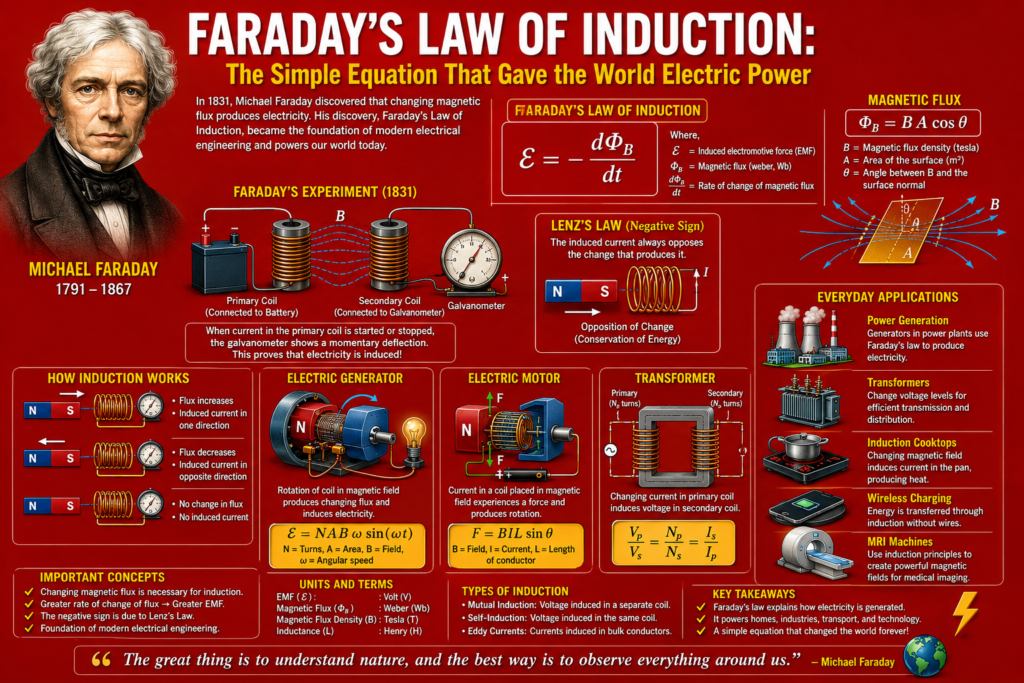 A detailed red background infographic explaining faraday's law of induction with scientific equations, magnetic flux diagrams, rotating coils, and electric generator illustrations. The image highlights Michael Faraday’s groundbreaking discovery showing how changing magnetic fields create induced current and electromotive force. Mathematical formulas, transformer theory visuals, and electromagnetic induction concepts are displayed alongside modern power generation systems. This educational artwork demonstrates how faraday's law of induction powers homes, industries, and electrical engineering technologies around the world.