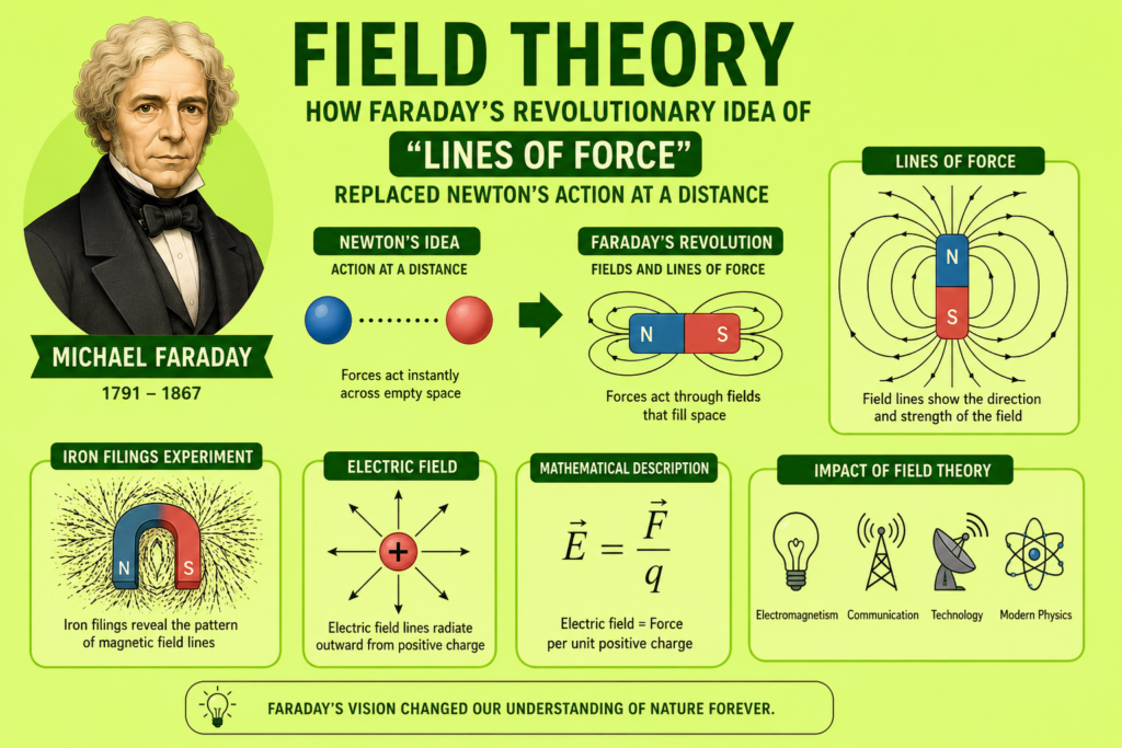 A simple lime green themed infographic explaining field theory and lines of force with a portrait of Michael Faraday and clean magnetic field diagrams. The image features curved magnetic field lines around magnets, iron filings experiments, and simple vector field illustrations showing how invisible forces fill space. Minimal scientific visuals compare Newton’s action at a distance with Faraday’s revolutionary field theory concept. This educational artwork highlights how field theory and lines of force transformed modern physics, electromagnetism, and scientific understanding of force fields.