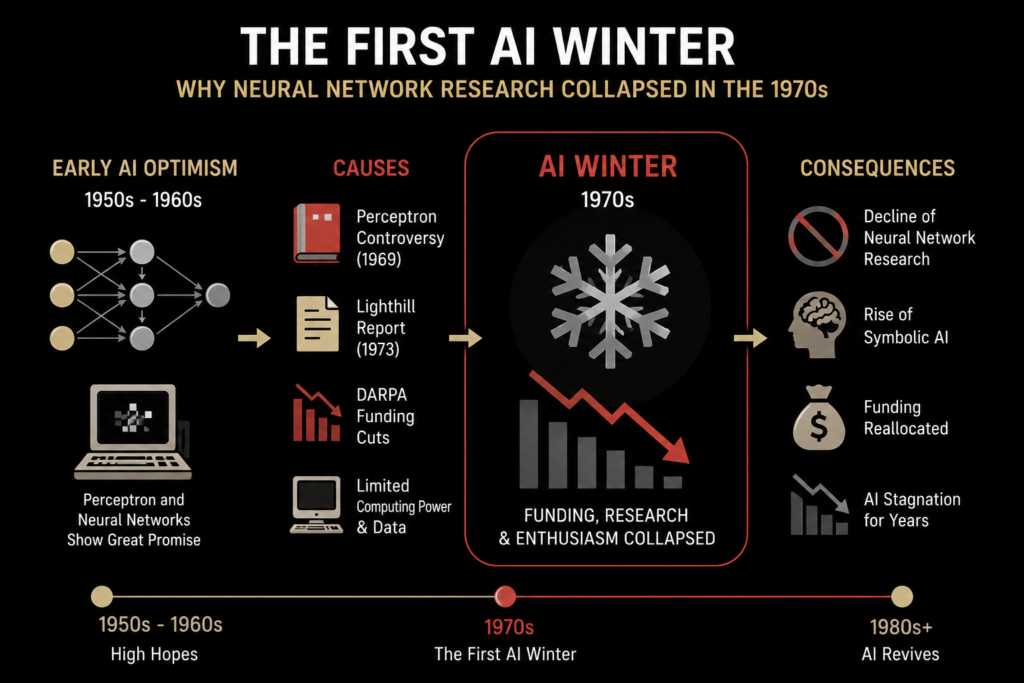 History of the First AI Winter: Why Neural Network Research Collapsed in the 1970s Shocking Collapse Simple black background infographic showing the first ai winter with neural network collapse, funding cuts, AI stagnation, perceptron controversy, and the decline of AI research during the 1970s.