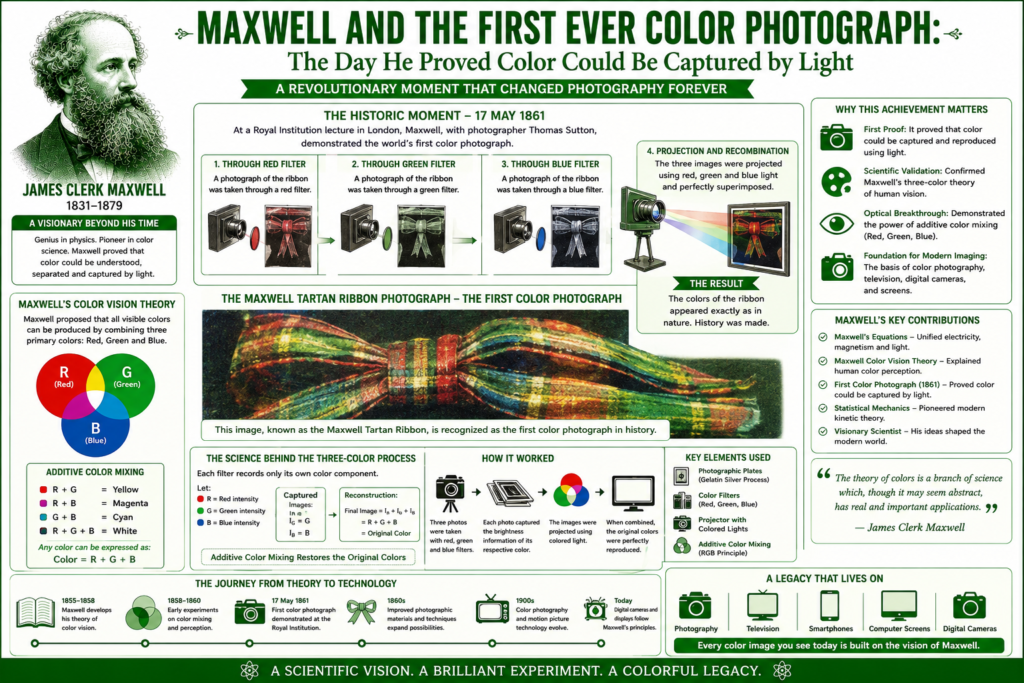 Maxwell and the First Ever Color Photograph: The Day He Proved Color Could Be Captured by Light Brilliant Revolution first color photograph infographic in a green theme featuring James Clerk Maxwell, the Maxwell tartan ribbon photograph, RGB color theory, additive color mixing, red green blue color filters, three-color process photography, Thomas Sutton's experiment, and the history of color photography that transformed modern imaging technology.