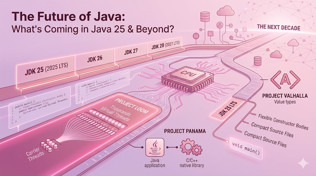 The Future of Java: What's Coming in Java 25 & Beyond? An Absolute Masterclass A pink timeline diagram outlining future java programming changes including JDK 25 LTS features, Project Loom virtual threads, and Project Valhalla.