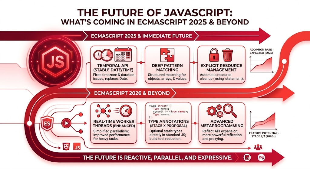 An infographic titled "The Future of JavaScript: What's Coming in ECMAScript 2025 & Beyond" illustrates the roadmap for the future of JavaScript using a stylized red timeline. The visual is divided into two main tracks: "ECMAScript 2025 & Immediate Future" and "ECMAScript 2026 & Beyond," detailing upcoming features like the Temporal API, Deep Pattern Matching, and Explicit Resource Management. Further down the timeline, the future of JavaScript includes Type Annotations, Real-time Worker Threads, and Advanced Metaprogramming. Graphical elements like clocks, puzzle pieces, and locks represent these technical milestones, alongside adoption rate and feature potential charts. The bottom of the graphic emphasizes that the future of JavaScript is "Reactive, Parallel, and Expressive".