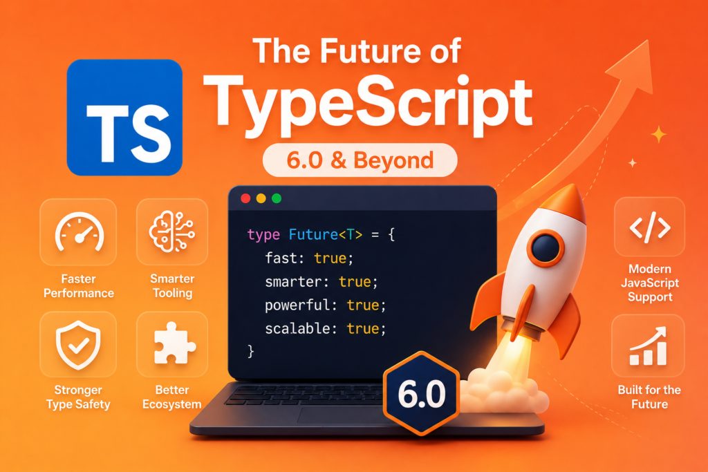 A modern orange gradient infographic representing the future of typescript with clean visuals and minimal text. The image features a rocket launch, TypeScript logo, and futuristic coding interface symbolizing innovation. Simple icons highlight performance improvements, smarter tooling, and scalable development features. The design visually represents TypeScript 6.0 and upcoming advancements in modern programming. This creative artwork clearly illustrates the future of typescript for developers and tech enthusiasts.