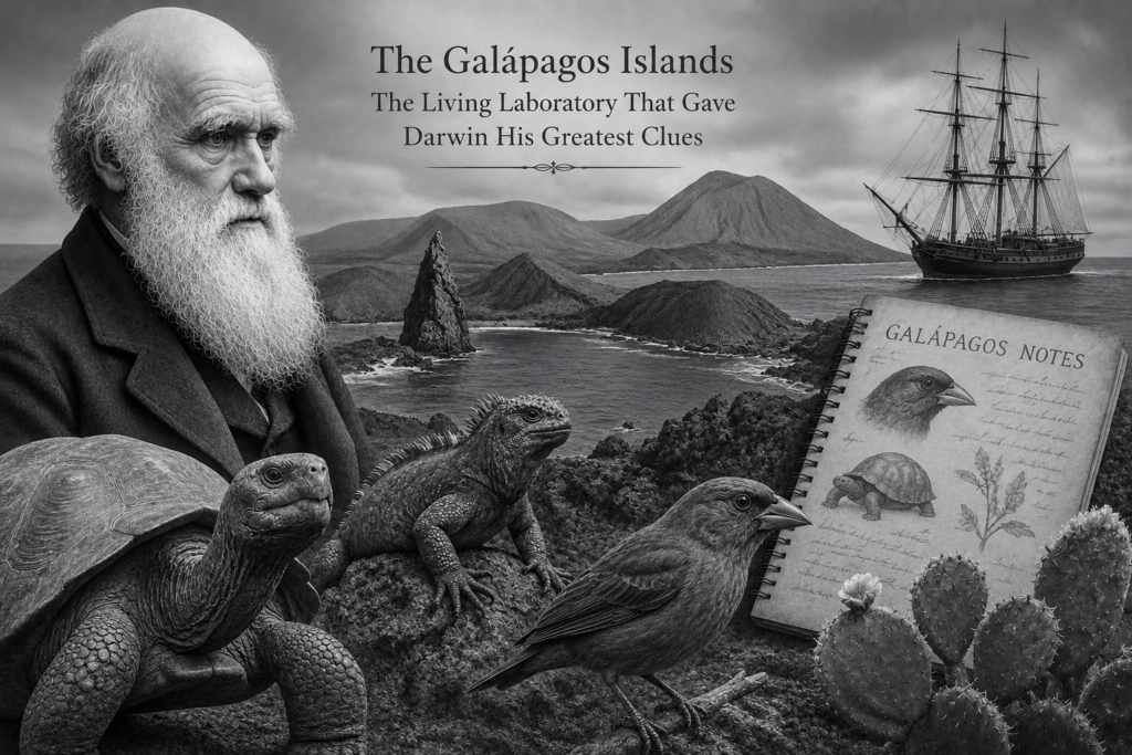 The Galápagos Islands: The Living Laboratory That Gave Darwin His Greatest Clues Brilliantly galapagos islands and darwin illustration showing volcanic islands, giant tortoise, marine iguana, finches, and evolutionary discovery on a grey background