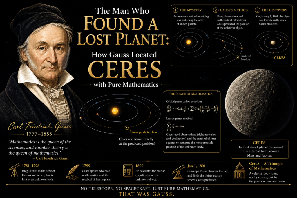 A visually striking black-background poster illustrating the story of Gauss and Ceres, featuring a detailed portrait of Carl Friedrich Gauss. The design includes orbital diagrams and mathematical equations that explain how Gauss predicted the location of Ceres. A large image of the dwarf planet highlights the success of his calculations. The layout blends astronomy and mathematics to emphasize the connection between Gauss and Ceres. Gold-accented text and visuals enhance the dramatic and educational appeal. This image showcases the brilliance of Gauss and Ceres as a landmark achievement in scientific discovery.