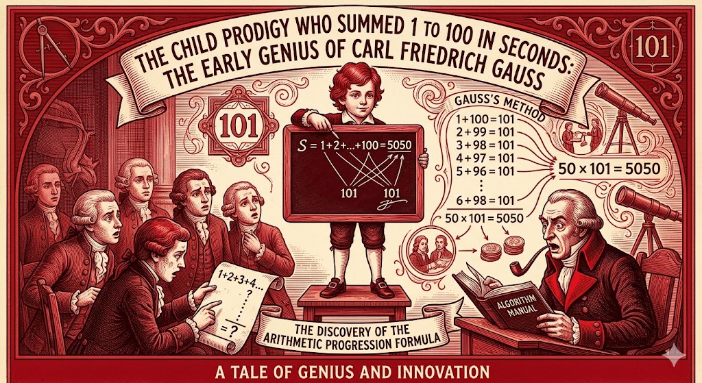 An engraving-style infographic in red and cream detailing the legend of the gauss child prodigy, Carl Friedrich Gauss. The central illustration shows a young Gauss as a child standing on a bench, holding a slate that reads, "S = 1+2+...+100 = 5050," while other, older students look at him with amazement. On the right, diagrams explain "GAUSS'S METHOD," showing how pairing numbers (e.g., 1+100, 2+99) results in 50 pairs of 101, leading to the sum 5050. The title banner above proclaims: "THE CHILD PRODIGY WHO SUMMED 1 TO 100 IN SECONDS: THE EARLY GENIUS OF CARL FRIEDRICH GAUSS," accompanied by an 18th-century schoolteacher and an "ALGORITHM MANUAL." Scientific instruments like a compass, telescope, and diagrams of mathematical concepts are integrated throughout the ornate frame, with "A TALE OF GENIUS AND INNOVATION" printed at the very bottom.