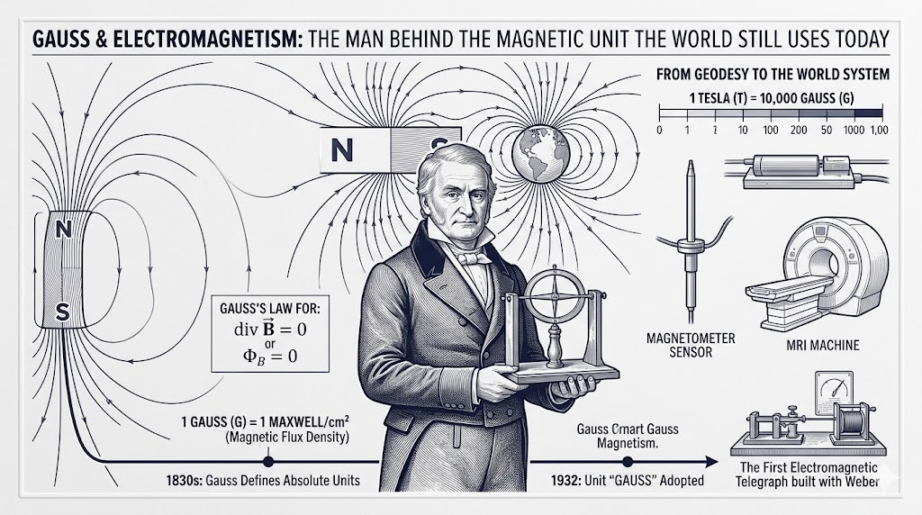 An engraving-style infographic detailing Gauss electromagnetism. At the top, the title reads: "GAUSS & ELECTROMAGNETISM: THE MAN BEHIND THE MAGNETIC UNIT THE WORLD STILL USES TODAY". A central portrait of Carl Friedrich Gauss, holding a classic magnetometer, is surrounded by complex diagrams of magnetic fields with clear "N" and "S" poles, as well as equations, including Gauss's Law for magnetism (div B = 0). Various devices illustrate the application and measurement of magnetic fields, such as a modern MRI machine, a magnetometer sensor, and a detailed visualization of the Earth's magnetic field. Text insets and a timeline provide context, converting 1 Tesla to 10,000 Gauss and noting the adoption of the unit "GAUSS" in 1932. The entire graphic, presented in dark blue on light grey, is an illustrative guide to his profound influence on the field.