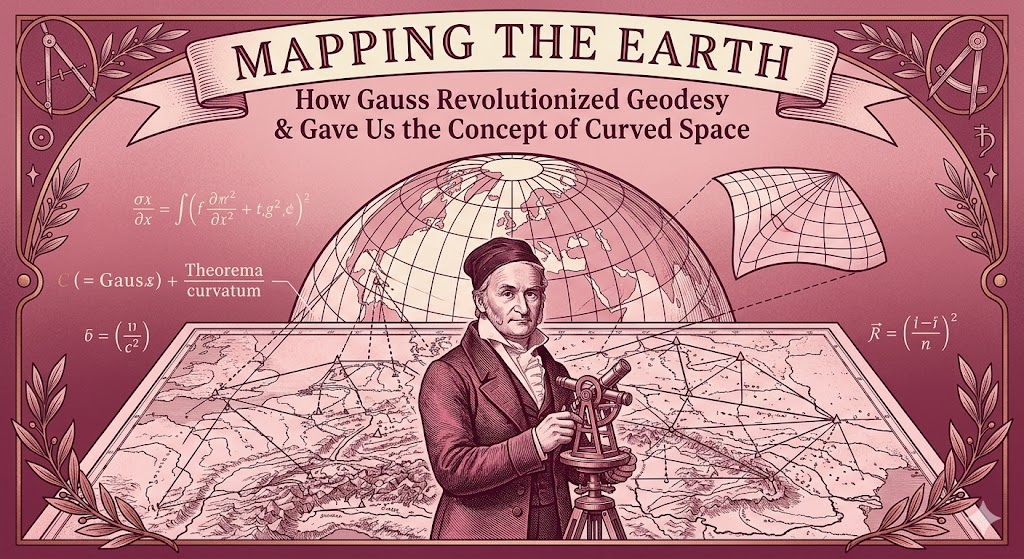 An ornate, monochromatic pink illustration rendered in a vintage engraving style, with a banner across the top reading "MAPPING THE EARTH: How Gauss Revolutionized Geodesy & Gave Us the Concept of Curved Space." Carl Friedrich Gauss is depicted in a frock coat and cap, standing central and looking thoughtful, holding a standard-era theodolite surveying instrument. Surrounding him are complex visual references to his work on Gauss geodesy: a detailed topographic map covered in triangulation networks, a wireframe globe of the Earth, and a mathematical surface model showing a curved spacetime grid. A partial differential equation and the text "Theorema Curvatum" are included, framed by compass tools and laurel branches on a textured, mauve-pink background.