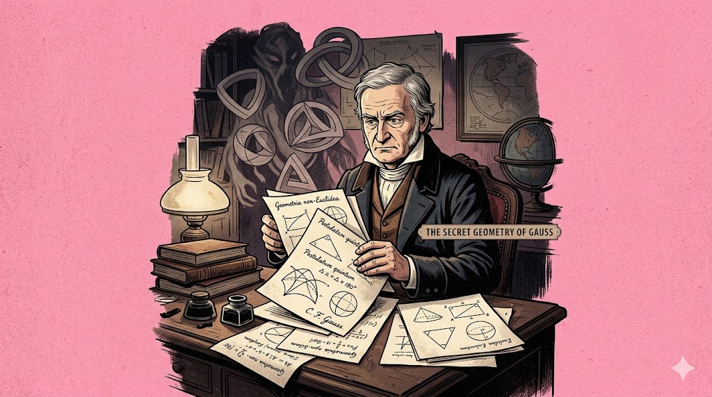 An editorial illustration of Carl Friedrich Gauss seated at a wooden desk, surrounded by papers featuring gauss non euclidean geometry sketches. He appears pensive and cautious, clutching a manuscript titled "Geometria non-Euclidea" while glancing over his shoulder toward a shadowy figure. Floating above him are complex, impossible shapes and curved surfaces representing hyperbolic planes, contrasting with the standard Euclidean diagrams on his desk. The entire scene is set against a vibrant, solid pink background, blending a vintage academic aesthetic with a bold, modern color palette.