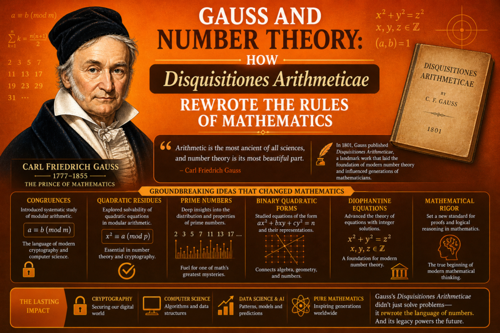 A vibrant orange-themed educational poster showcasing Gauss number theory with a detailed portrait of Carl Friedrich Gauss. The design highlights key concepts from Disquisitiones Arithmeticae, including modular arithmetic and prime numbers. Mathematical formulas and diagrams visually explain the foundations of Gauss number theory. A featured book illustration emphasizes the importance of his groundbreaking work. Clean typography and structured sections make complex ideas easy to understand. This image captures the lasting impact of Gauss number theory on modern mathematics and cryptography.